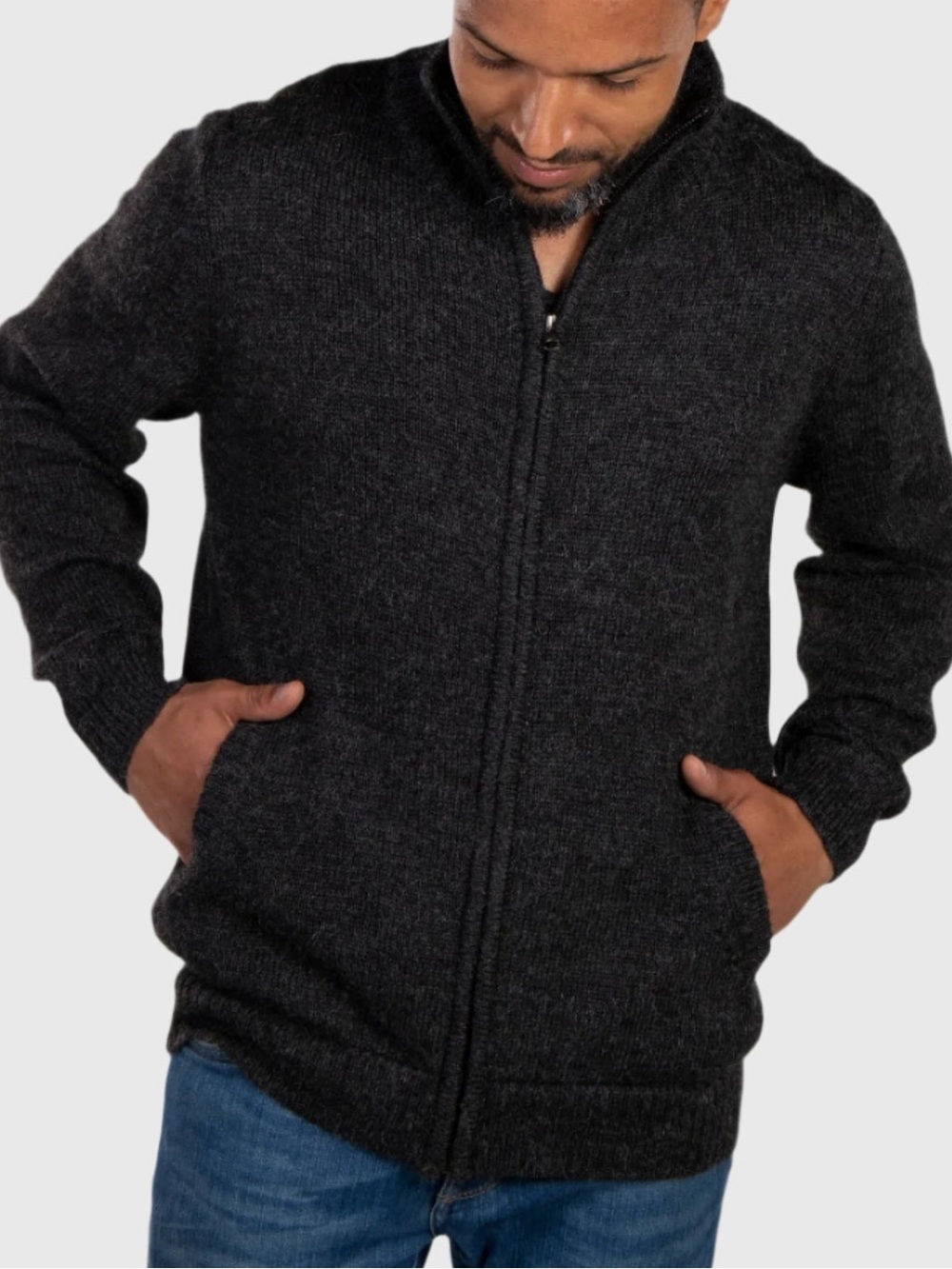 Simply Natural 100% Alpaca Dark Gray Full Zip Sweater - Men's Large